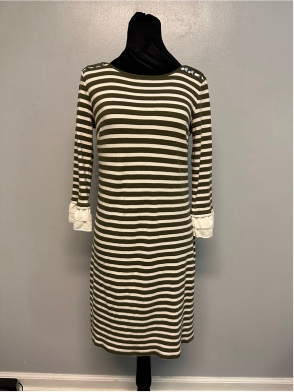 Talbots Striped Midi Dress Long sleeve Size XS Green White tiered cuffs